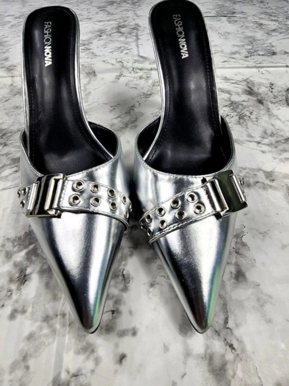 Fashion Nova Delisa Pointed Toe Mule Heels in Silver US 10